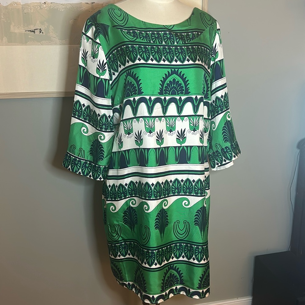 Skirtin Around Silk Shift Dress Blue Green Brown Paisley Size 14 like new